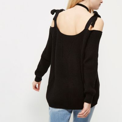 Black tie shoulder knit jumper